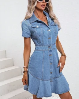 Classic Charm Button-Down Short Sleeve Special Occasion Denim Dress