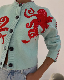 Octopus Embroidery Fashion Style Sleeve Length Round Neck Closure Type Cardigan Sweater