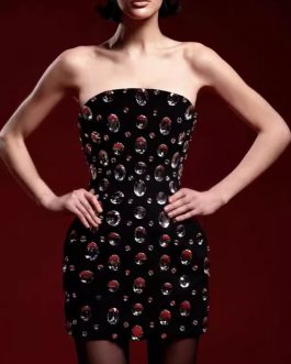 Crystal Beaded Sexy Strapless backless Black Mini slim-fit bandage Dress