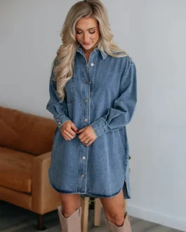 Classic Denim Charm Button-Up Long Sleeve Dress