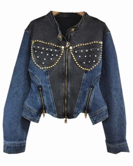 Studded Chic Elastic Slim Fit European Denim Jacket