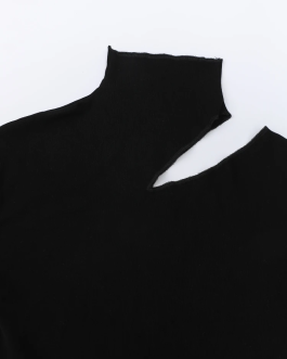 Midnight Black Cut and hollow half high neck slim fit knitted pullover sweater for women
