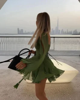 Enchanted Olive Chiffon Pleated Lace Up Fashion Mini Party Wear Dress