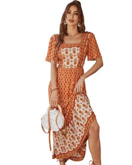 Soleil French printed vacation square neck Special Occasion dress