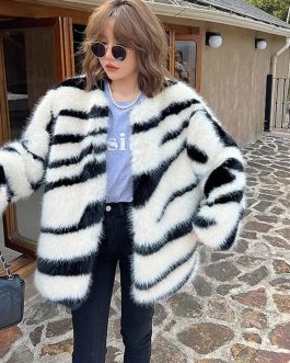 Luxe Zebra Glam Winter Zebra Mink Faux Fox Fur Coat