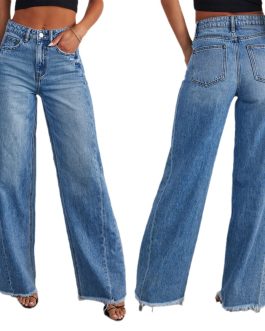 Cowboy Blue Loose wide leg side seam splicing, brushed hem denim jeans for women