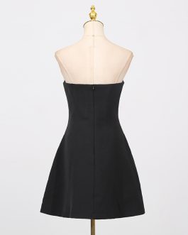 Elegant Black Luxury Heavy Embroidery Strapless Beaded Waist-Cinching short formal Black Dress