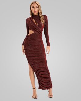 Radiant Allure Pleated Hip Slit High Quality Long Sleeve Dress