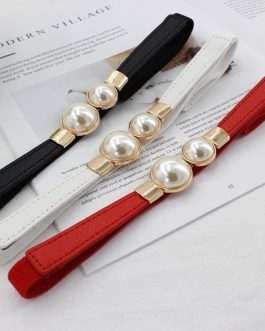 Women’s Double Pearl PU Leather Dress Skirt Waist Elastic Thin Waistband Belt