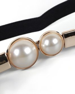 Women’s Double Pearl PU Leather Dress Skirt Waist Elastic Thin Waistband Belt