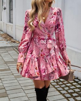 Autumn winter European and American women’s elegant Short Evening dress with V-neck printed A-line skirt