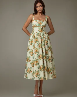 Golden Bloom Lace Trim Floral Sleeveless Special Occasion Midi Dress