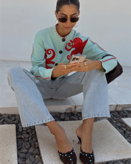 Octopus Embroidery Fashion Style Sleeve Length Round Neck Closure Type Cardigan Sweater