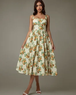Golden Bloom Lace Trim Floral Sleeveless Special Occasion Midi Dress