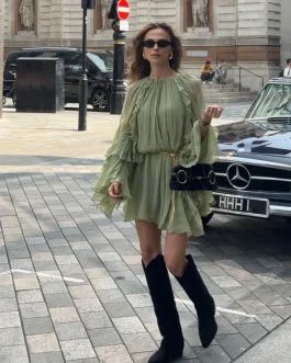 Serene Breeze Elegant Green Ruffle Flare Sleeves Casual Fashion Mini Dress