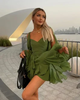 Enchanted Olive Chiffon Pleated Lace Up Fashion Mini Party Wear Dress