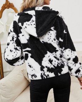 Cow print wool cardigan hooded sweater jacket European and American lamb plush print coat
