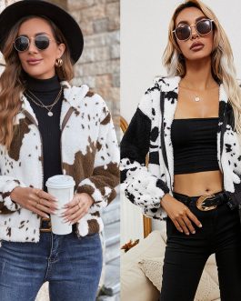 Cow print wool cardigan hooded sweater jacket European and American lamb plush print coat