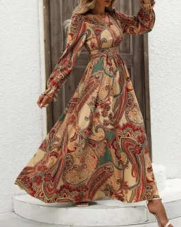 Boho Muse Smocked V-Neck Flounce Sleeve Elegant Evening Maxi Dress