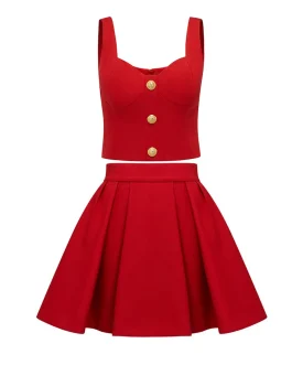 Glamorous Red suspender V-neck tassel Bandage Mini Evening Party wear Dress with Gold Button Detail
