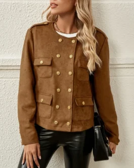 Chic Camel Gold Button Snap Down Round Neck Jacket