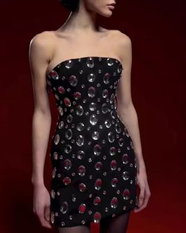 Crystal Beaded Sexy Strapless backless Black Mini slim-fit bandage Dress