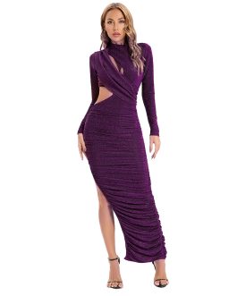 Radiant Allure Pleated Hip Slit High Quality Long Sleeve Dress