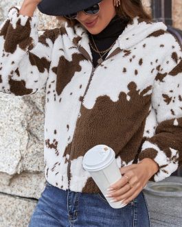 Cow print wool cardigan hooded sweater jacket European and American lamb plush print coat