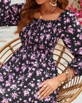 Bloom Grace Smocked Floral Balloon Sleeve Midi Dress