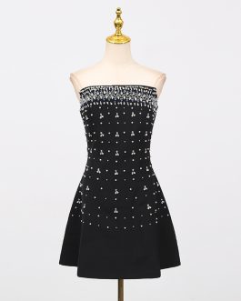 Elegant Black Luxury Heavy Embroidery Strapless Beaded Waist-Cinching short formal Black Dress
