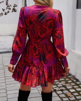Autumn winter European and American women’s elegant Short Evening dress with V-neck printed A-line skirt