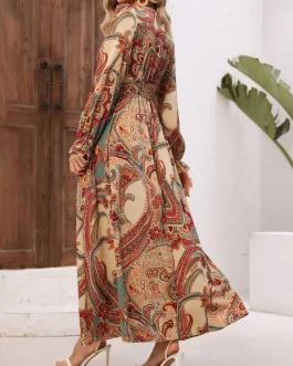 Boho Muse Smocked V-Neck Flounce Sleeve Elegant Evening Maxi Dress