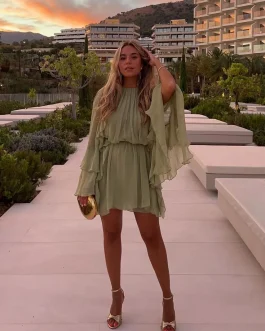 Serene Breeze Elegant Green Ruffle Flare Sleeves Casual Fashion Mini Dress
