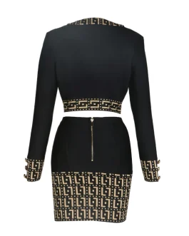 Elite Socialite Embroidered Button Skirt Long Sleeve Coat Set