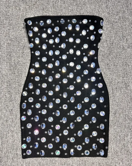 Crystal Beaded Sexy Strapless backless Black Mini slim-fit bandage Dress