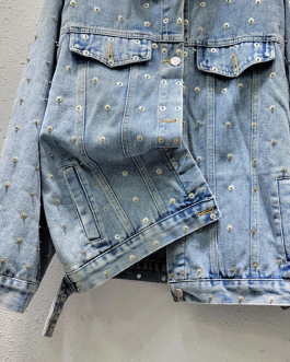 Women’s Denim Jacket Blue Metal Nail Bead Coat