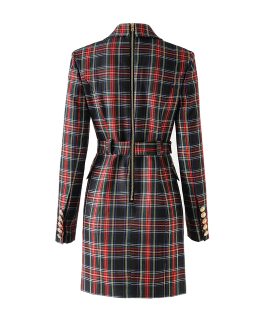 Red and black Checkered Belted Waist cinching commuting Suit Dress