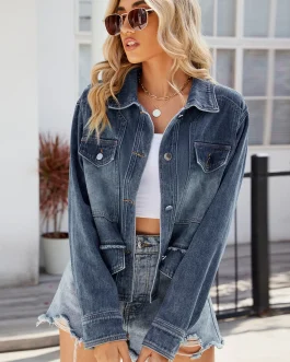 Classic Navy Edge Button Up Long Sleeve Denim Jacket