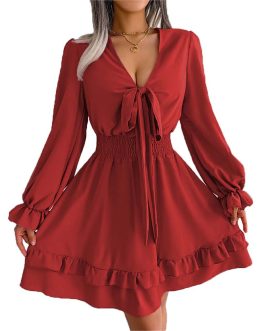 European and American autumn and winter ladies elegant red style sweet short skirt evening dress