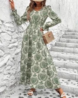 Boho Muse Smocked V-Neck Flounce Sleeve Elegant Evening Maxi Dress