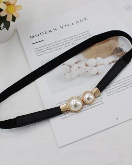 Women’s Double Pearl PU Leather Dress Skirt Waist Elastic Thin Waistband Belt