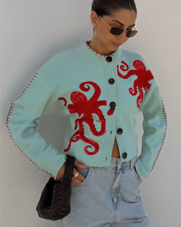 Octopus Embroidery Fashion Style Sleeve Length Round Neck Closure Type Cardigan Sweater