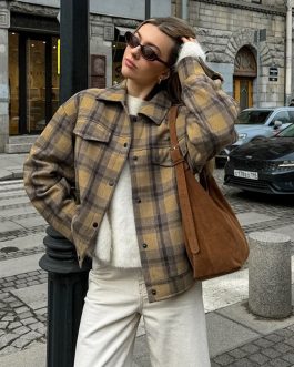 Retro Checkered Loose Wool Coat for Women