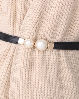 Women’s Double Pearl PU Leather Dress Skirt Waist Elastic Thin Waistband Belt
