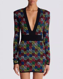 Neon Maze Colorful jacquard fashionable and hot socialite sexy deep V party wear dress for woman