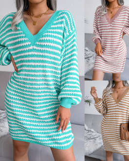 Autumn And Winter New Striped Hollow Wool Knitted Special Occasion Dress