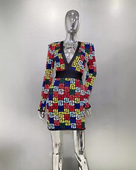 Neon Maze Colorful jacquard fashionable and hot socialite sexy deep V party wear dress for woman