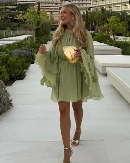 Serene Breeze Elegant Green Ruffle Flare Sleeves Casual Fashion Mini Dress