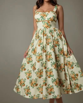 Golden Bloom Lace Trim Floral Sleeveless Special Occasion Midi Dress