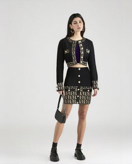 Elite Socialite Embroidered Button Skirt Long Sleeve Coat Set